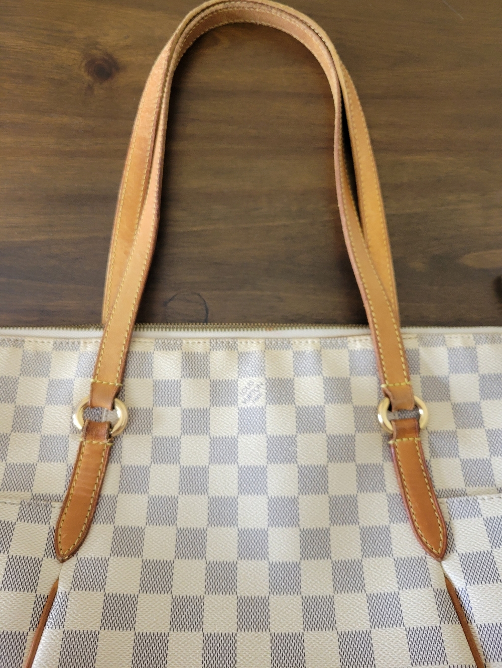 Louis Vuitton Gray & White Checkered Canvas Tote with Tan Leather Trim - Picture 13 of 15